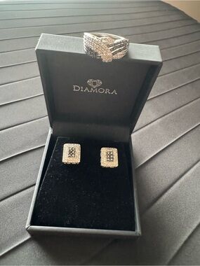 Diamora Silver-Tone Pave Ring and Rectangle Stud Earrings - Silver